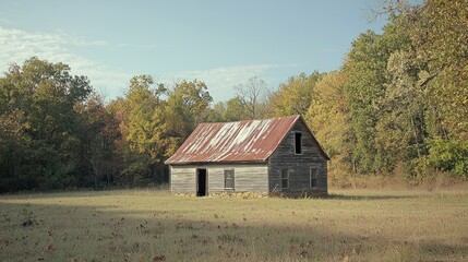 Fototapeta premium Serene Rustic Farmhouse Amidst Lush Greenery and Autumn Colors in Golden Light