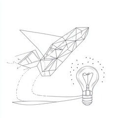 Obraz premium Paper plane flying upwards, connected with a light bulb in one continuous line drawing, symbolizing a startup business idea