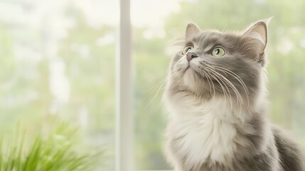 Curious Grey Cat Gazing Out of Window with Green Eyes in Bright Indoor Environment