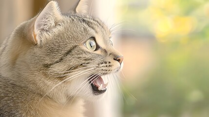 Fototapeta premium Curious Cat Gazing Out Window with Open Mouth and Bright Green Eyes in Soft Natural Light