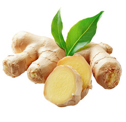Fresh ginger root with green leaves.