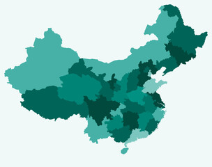Map of China with regions. Just a simple country border map with region division. Teal color palette. Blank People's Republic of China shape with administrative division. Vector illustration.