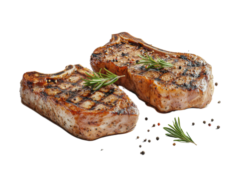 Grilled pork chops with herbs, white isolate background