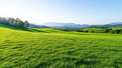 Naklejka premium Lush green meadow stretching to distant mountains