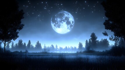 Naklejka premium Majestic moonlit forest landscape at night.