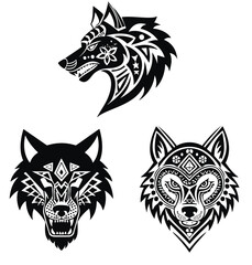 Tribal Wolf Head Silhouettes Vector Set