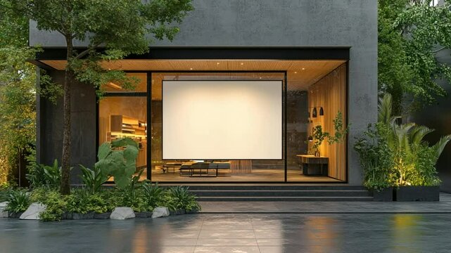 Modern storefront mockup with blank signage for business advertising