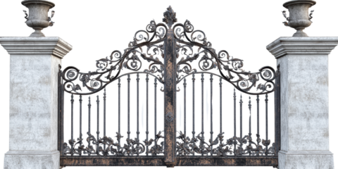 Ornate gate with stone pillars, white isolate background
