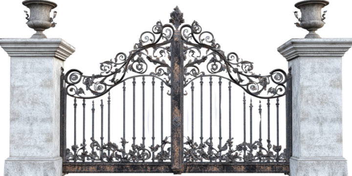 Ornate gate with stone pillars, white isolate background
