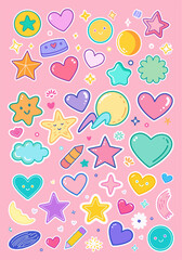A vibrant and playful collection of colorful cartoon stickers featuring stars, hearts, smiley faces, clouds, and other whimsical shapes on a light pink background.