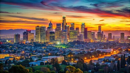 Obraz premium Los Angeles Downtown Skyline Sunset to Night Telephoto Baldwin Hills