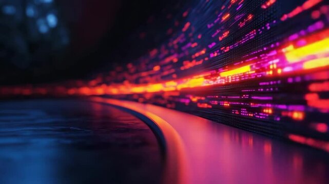 A vibrant abstract image featuring illuminated lines in shades of orange, purple, and blue, creating a dynamic and fluid visual effect. Looped abstract 3d renders of futuristic digital landscapes 