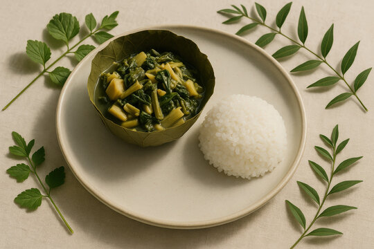 Mizo Bai with Sticky Rice in Leaf Bowl, Traditional Northeast Indian Food