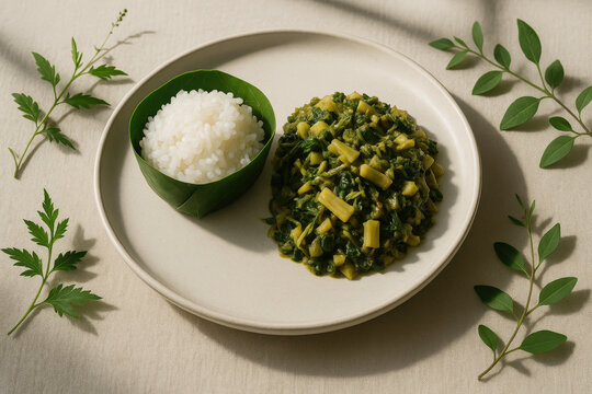 Mizo Bai with Sticky Rice in Leaf Bowl, Traditional Northeast Indian Food