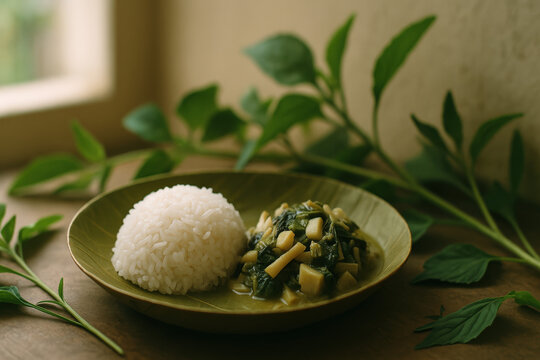 Mizo Bai with Sticky Rice in Leaf Bowl, Traditional Northeast Indian Food