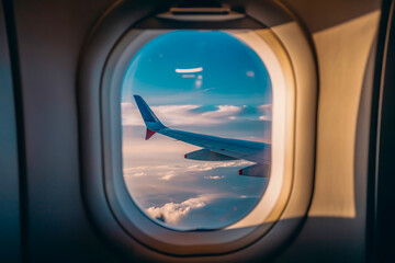 Passenger airplane window with wing view isolated on white, realistic glass reflections, blue sky visible inside