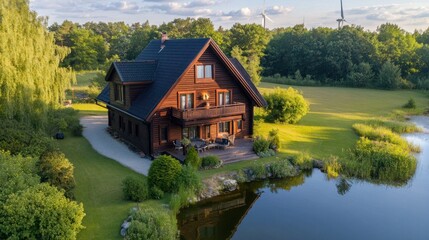 Obraz premium Picturesque log cabin nestled beside a serene lake.