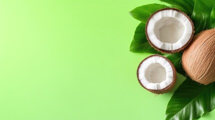 Freshly cut coconuts with green leaves on a vibrant green background, and close-up composition highlighting tropical freshness and natural beauty.