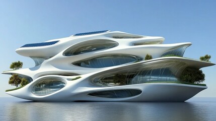 Obraz premium Futuristic, organic architectural vessel floats on serene water.