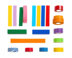 Set of different-colored pieces and strips of plastic tape isolated on a white background, png