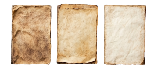 Three vintage paper textures, white isolated background