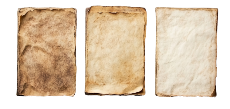 Three vintage paper textures, white isolated background