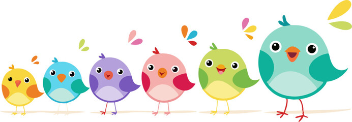 A cute and colorful cartoon illustration featuring a row of six adorable, round birds of varying sizes and colors, with fluttering leaves or petals above them.