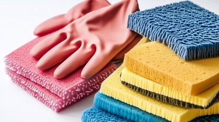 Rubber gloves sponges piled together for cleaning original background