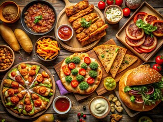Low Light Takeout Table Scene - Pizza, Burgers, Doner, Chicken