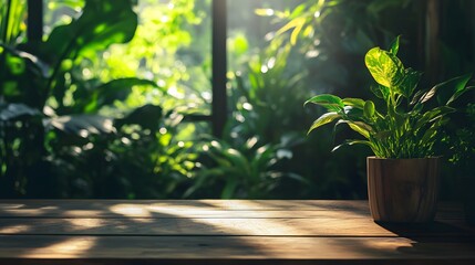 Fototapeta premium Brown wooden counter with potted plants on top, receiving soft sunlight with garden in background, photographed summer garden to convey sense of calm, organic style and natural design.
