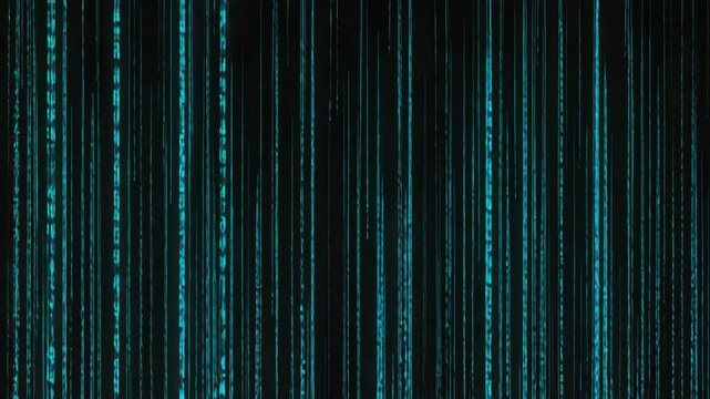 Digital rain of glowing blue code falling on a black backdrop in a continuous stream, flowing data, abstract background