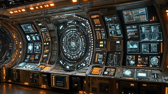 Futuristic spaceship bridge control room, navigation, starscape
