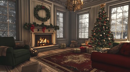 Warm Christmas living room with a decorated tree and fireplace, adorned with festive wreaths and stockings