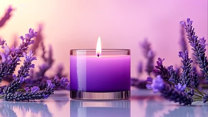 Serene purple lavender candle relaxation wellness aromatherapy stock photo