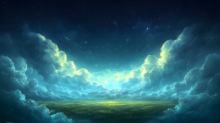 Fototapeta premium Vast, luminous clouds blanket a vibrant, starry night sky.