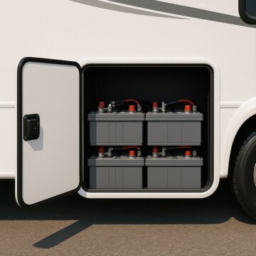  the open side compartment of a white motorhome, revealing a 2-by-2 battery bank neatly arranged on a metal shelf.