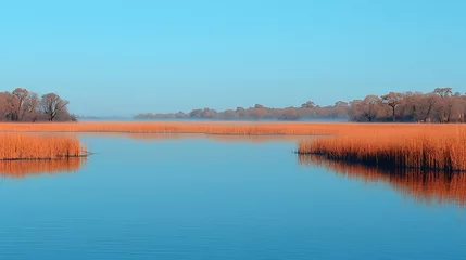  Explore mystical wetlands of Okavango Delta at dawn where shimmering waters dense reeds and gentle fog create an ethereal untouched landscape that soothes and inspires © Premium Graphics