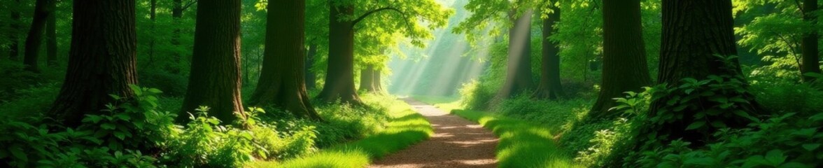 Sun-dappled path winds through ancient woods, lush green canopy overhead , autumn, tranquil