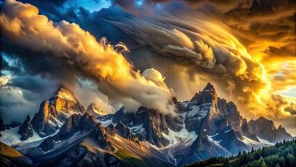 Majestic Mountains Piercing Clouds, Dramatic Landscape Photography, AI Art