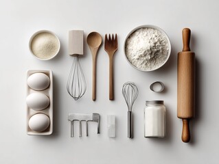 Minimalist baking still life showcasing essential tools and ingredients for pastry arts