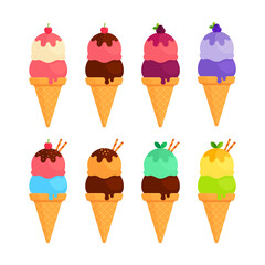 Set of double-scoop ice cream cones of vanilla, chocolate, strawberry, acai, blueberry, mint, lime, banana with toppings. Summer dessert concept. Flat vector illustration isolated on white background