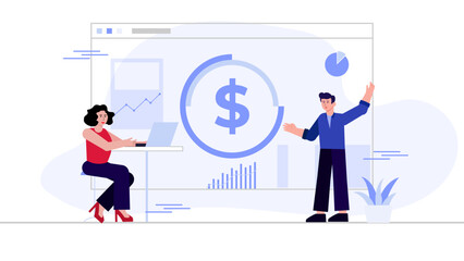 Flat Business People Analyzing Financial Data with Dollar Symbol and Charts – Vector Illustration
