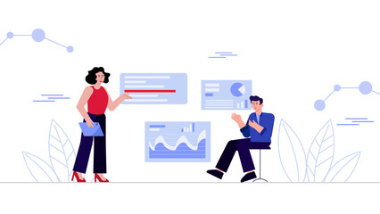 Flat Business People Analyzing Financial Data with Dollar Symbol and Charts – Vector Illustration