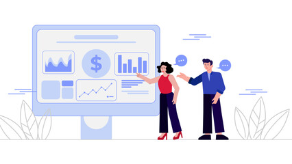Flat Business People Analyzing Financial Data with Graphs and Charts on Monitor – Vector Illustration