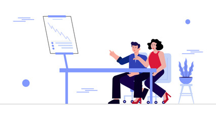 Business data analysis modern flat illustration. Set of scene a man and girl explains business data analysis on graph diagram. Vector Flat Character