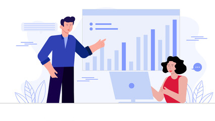 Business data analysis modern flat illustration. Set of scene a man and girl explains business data analysis on graph diagram. Vector Flat Character