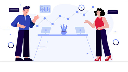 Business data analysis modern flat illustration. Set of scene a man and girl explains business data analysis on graph diagram. Vector Flat Character