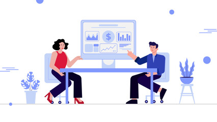 Business data analysis modern flat illustration. Set of scene a man and girl explains business data analysis on graph diagram. Vector Flat Character