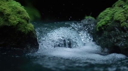 Cascading water over mossy rocks in dark environment