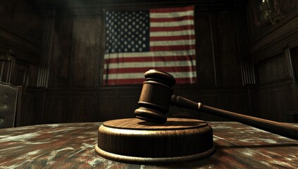 American Justice: Gavel and Flag in Courtroom